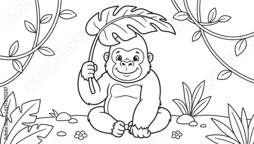 Baby gorilla coloring book illustration sitting in wild nature with plants and leaf canopy.