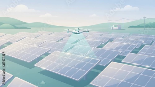 Aerial view of a drone surveying a large solar panel field, green hills in the background under a bright sky