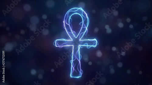 Glowing ankh symbol with a cosmic background featuring blue and purple light effects