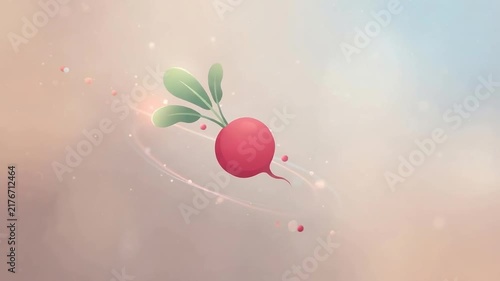 A rotating red radish with green leaves against a soft, pastel background, creating a dreamy atmosphere