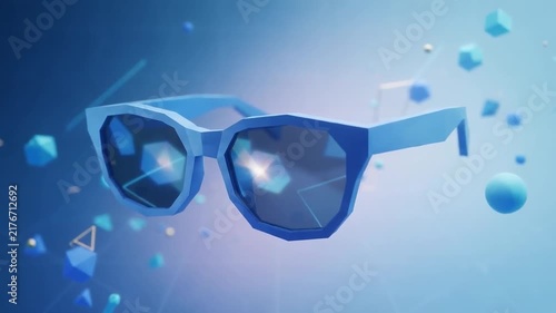 Stylized blue sunglasses floating amid abstract geometric shapes in a bright backdrop