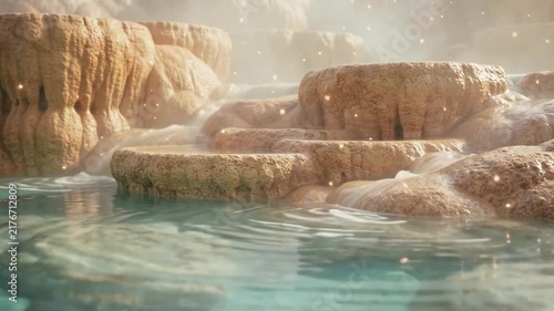 Tranquil hot spring landscape with warm water, rocky formations, and shimmering mist, creating a serene atmosphere