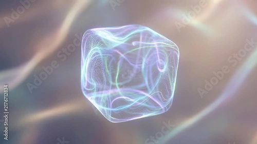 A translucent cube floating amidst swirling, ethereal light patterns in soft pastel colors
