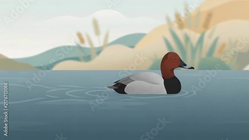 Animated redheaded duck gracefully swimming on a calm lake surrounded by soft-colored hills and greenery
