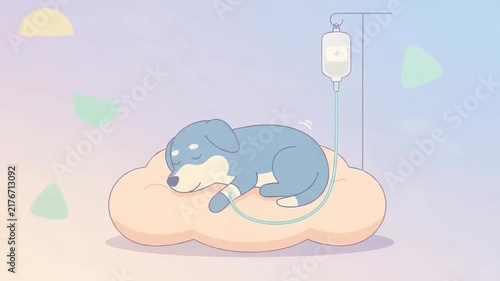 A cartoon illustration of a small blue dog resting on a fluffy cloud while connected to an IV drip, surrounded by soft geometric shapes in pastel colors
