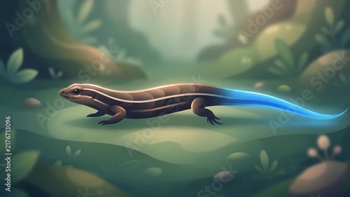 Colorful salamander moving through a lush green forest environment with soft lighting