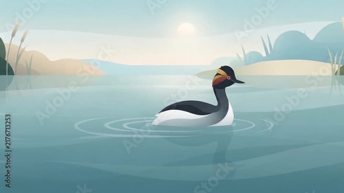 Stylized illustration of a graceful duck gliding on calm water during a serene morning, surrounded by soft hills and greenery