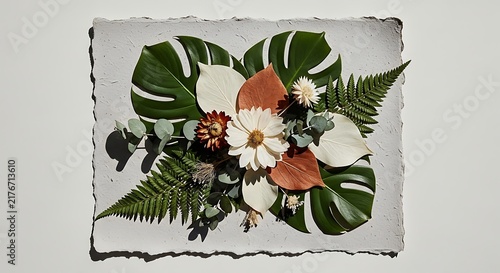 Beautiful floral arrangement with white flowers green leaves and ferns on textured paper background