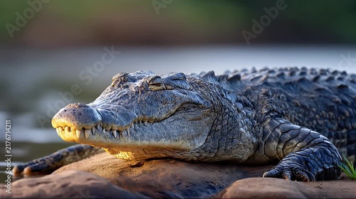 Detailed close-up of a wild crocodile basking on a rock at the river edge during golden hour.