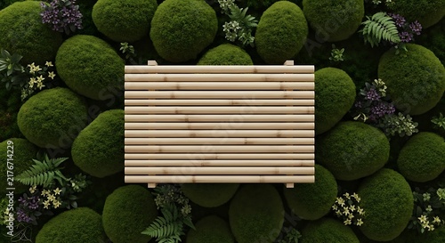 Beautiful wooden bench surrounded by lush green topiary balls and vibrant garden plants
