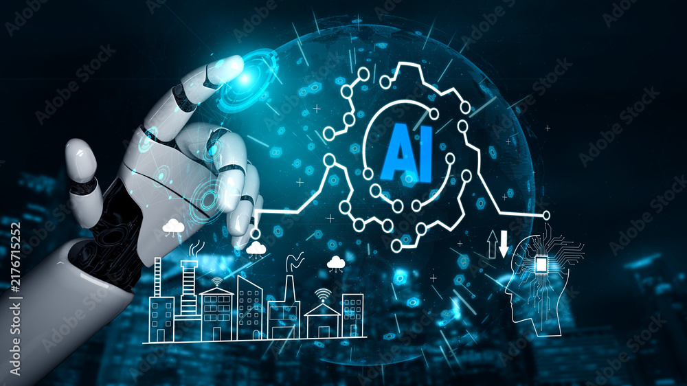 Obraz premium Futuristic Robot Hand Interacting with AI Technology and Industry Graphics in a Digital Landscape Quark.