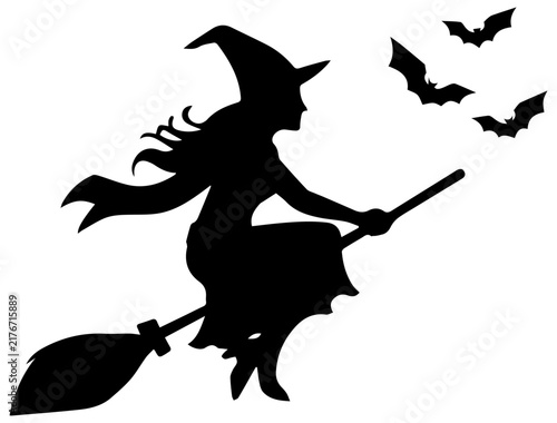 Fotografie Halloween Witch Silhouette Flying on Broom with Bats Vector Illustration Isolate