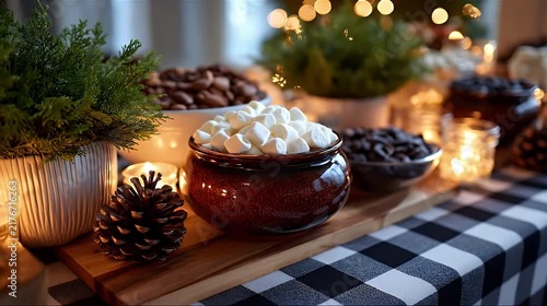 Cozy winter hot chocolate station with marshmallows and festive decorations.