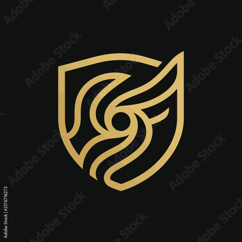 Modern Golden Shield Emblem Abstract Swirl And Wings Design Minimalist Logo