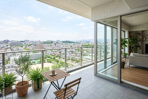 Obraz w ramie 青空と都市景観を望む高層住宅の高層マンションの開放的なバルコニーとリビング｜タワーマンション・眺望のイメージ