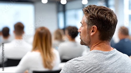 Attentive man listening to a speaker during a professional business seminar.