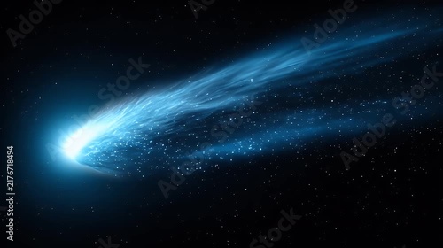 Stunning bright blue comet with a long luminous tail traveling through the deep space void.