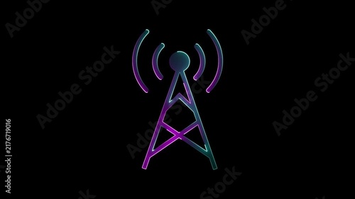 Neon Purple and Teal Glowing Signal Tower with Radio Waves on a Dark Black Background Representing Wireless Communication and Broadcasting Technology.