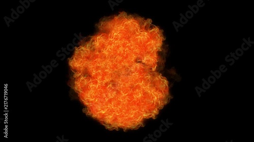 Burning fiery fireball explosion on dark black background