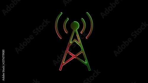 Vibrant Red and Green Neon Signal Tower with Radio Waves on a Deep Black Background Symbolizing Wireless Transmission and Network Connectivity.