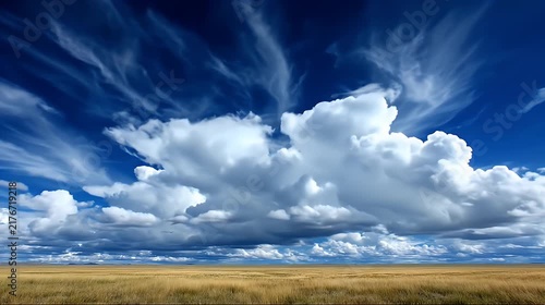 Cinematic wide shot of dramatic white clouds moving over a vast golden prairie under a deep blue sky.
