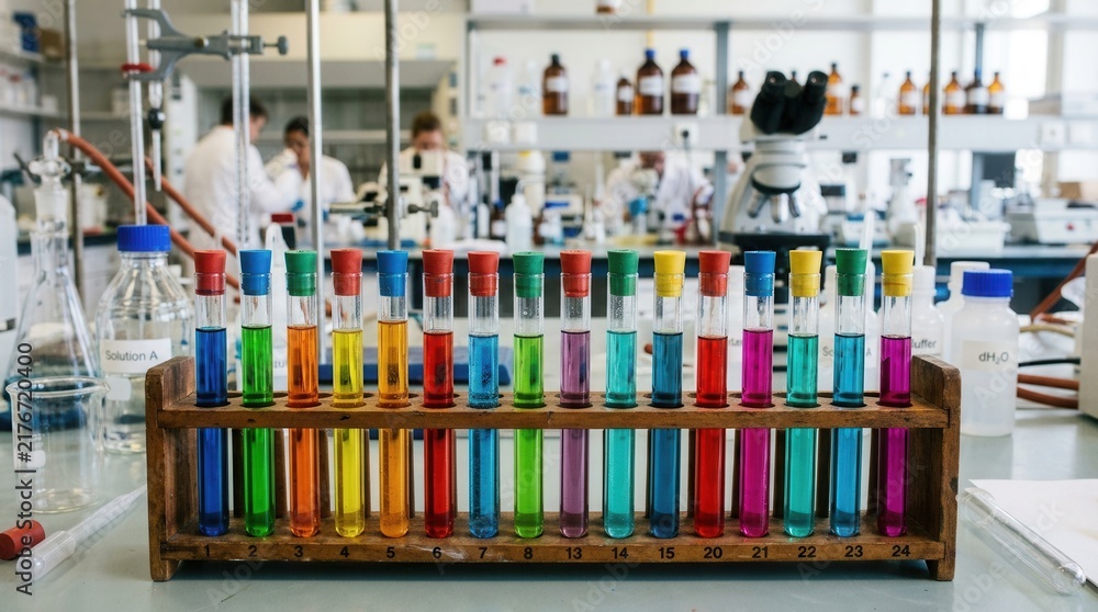 Fototapeta premium Vibrant Colorful Liquids In Scientific Test Tubes Rack