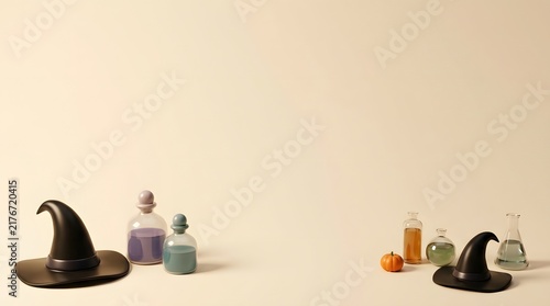 Minimalist halloween background with witch hats and glass potion bottles arranged on a clean light beige studio surface