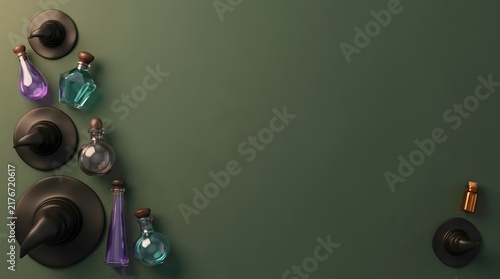 Top view of various magical potion bottles and witch hats arranged for a spooky halloween celebration background