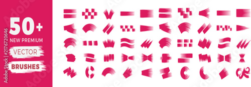Set of fifty pink paint brush stroke vector elements for graphic design and artistic projects