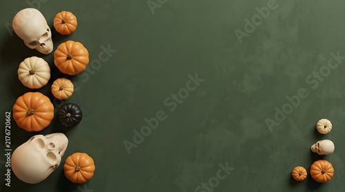 Flat lay composition featuring human skulls and assorted decorative pumpkins for a festive halloween holiday celebration background