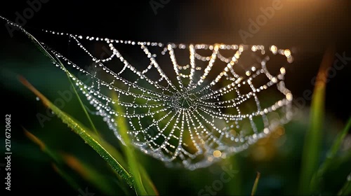 Close up of a delicate spider web covered in morning dew droplets shimmering in the sunlight.