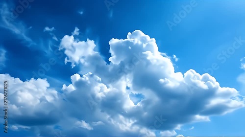 Bright blue sky filled with fluffy white cumulus clouds.