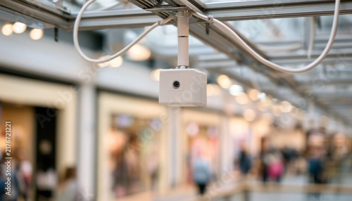 White security camera mounted on ceiling in a busy shopping mall