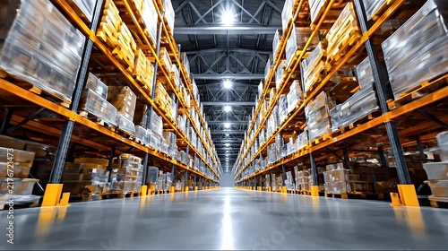 Symmetrical low-angle tracking shot through a massive industrial warehouse aisle with high yellow storage racks.