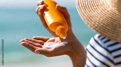 Woman applying sunscreen to hand at beach