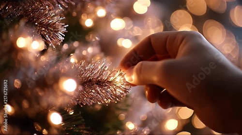 A hand touches sparkling branches of a lit Christmas tree.