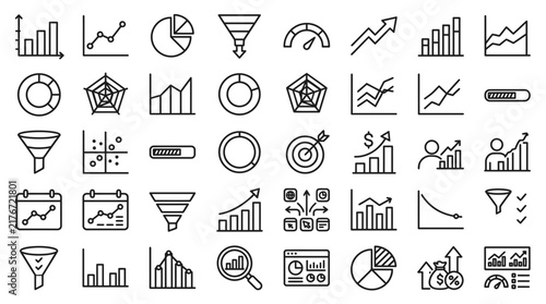 Finance icons collection rendered in crisp dark contour lines against a plain backdrop, illustrating corporate data metrics, statistical diagrams, and growth arrows.