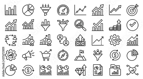 Analytics symbols collection showcases crisp black line art illustrating financial charts, data metrics, and business intelligence.