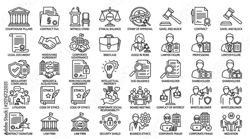 Business ethics and corporate legal icons are arranged in a grid to illustrate professional conduct, compliance, and workplace integrity.