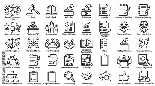 Corporate governance and legal compliance symbols are organized in a structured grid using refined black lines on a plain white background.