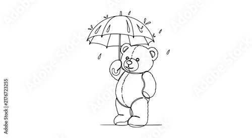 Cute Teddy Bear Holding Umbrella in Rain - Isolated