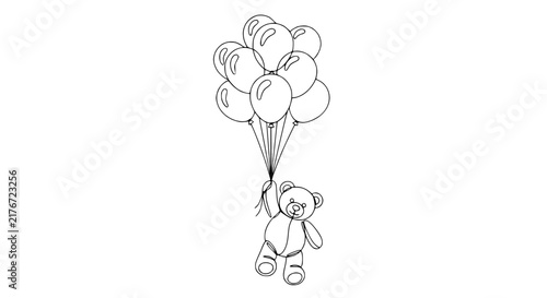 Cute teddy bear holding bunch of balloons, isolated on transparent background, line art
