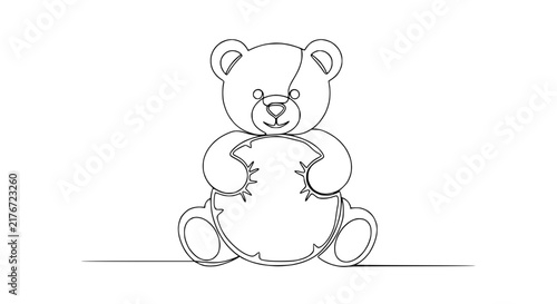 Cute teddy bear continuous line drawing, isolated on transparent background