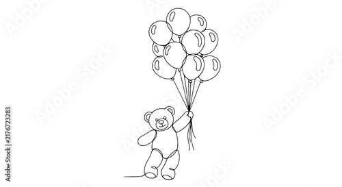 Teddy Bear Holding Balloons - Continuous Line Drawing