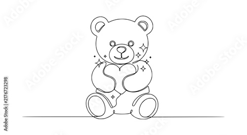 Cute Teddy Bear Holding Heart, Continuous Line Drawing, Isolated
