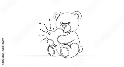 Cute Teddy Bear Holding Heart Icon, One Line Drawing, Isolated