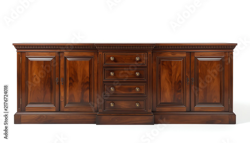Front showcase cabinet or wardrobe wooden frame door and drawers made from dark wood, background and texture