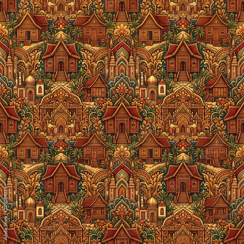 Traditional Christmas Village Pattern with Wooden Houses and Festive Decorations.