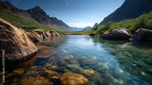 Crystal Clear Mountain River Flowing Through Pristine Alpine Valley.