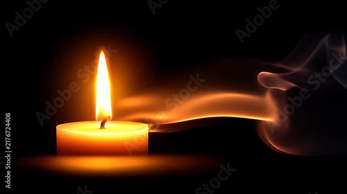 Single Burning Candle with Ethereal Glowing Smoke Trail Against a Pitch Black Background.